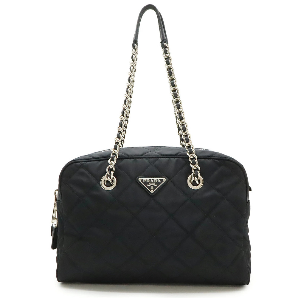 Prada Triangle Quilted Shoulder Bag Chain Hobo Leather NERO Black